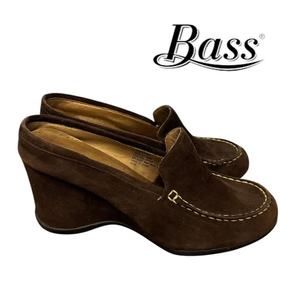 BASS Women's REBA Brown Suede Leather Slide Wedge Heel Mules Shoes 6